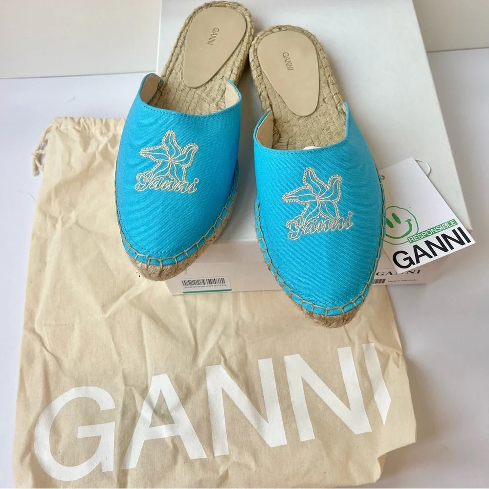 NWT Ganni embroidered espadrilles canvas aqua blue Aquarius starfish slippers